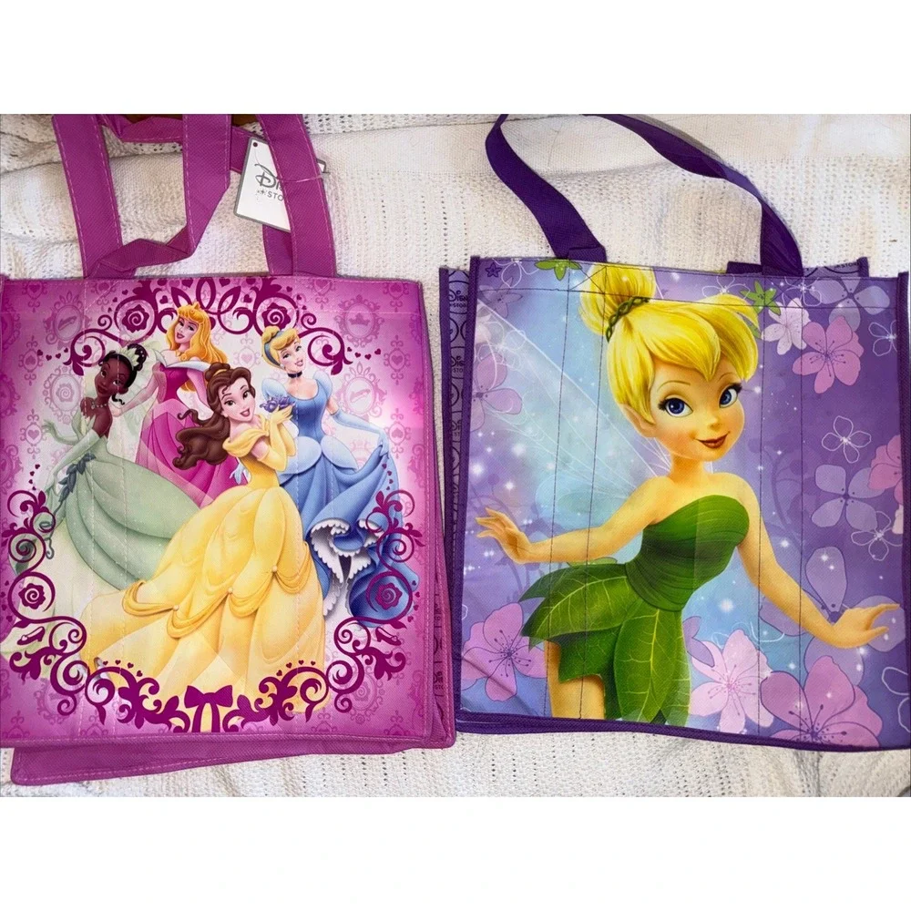 Disney Store Reusable Tote Bag Set Princesses Belle Tiana Tinker Bell Pink